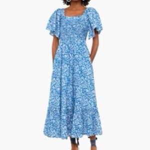 Tuckernuck Blue and White Midi Sundress with Flutter Sleeves